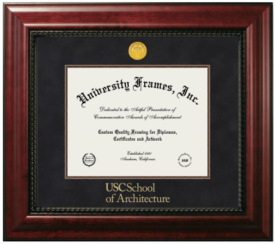 University of Southern California School of Architecture Diploma Frame in Executive with Mahogany Fillet with Black Suede Mat for DOCUMENT: 8 1/2"H X 11"W  