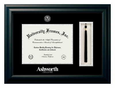 Ashworth College Diploma with Tassel Box Frame in Satin Black with Black & Silver Mats for DOCUMENT: 8 1/2"H X 11"W  