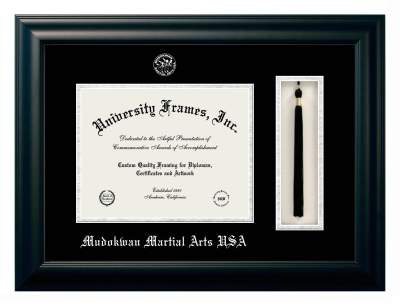 Mudokwan Martial Arts USA Diploma with Tassel Box Frame in Satin Black with Black & Silver Mats for document: 8 1/2"h x 11"w  