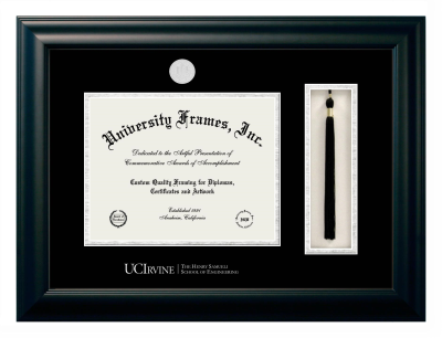 University of California Irvine The Henry Samueli School of Engineering Diploma with Tassel Box Frame in Satin Black with Black & Silver Mats for DOCUMENT: 8 1/2"H X 11"W  