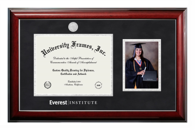 Everest Institute Diploma with 5 x 7 Portrait Frame in Classic Mahogany with Silver Trim with Black Suede & Silver Mats for document: 8 1/2"h x 11"w  