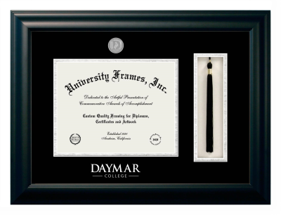 Daymar College Diploma with Tassel Box Frame in Satin Black with Black & Silver Mats for document: 8 1/2"h x 11"w  