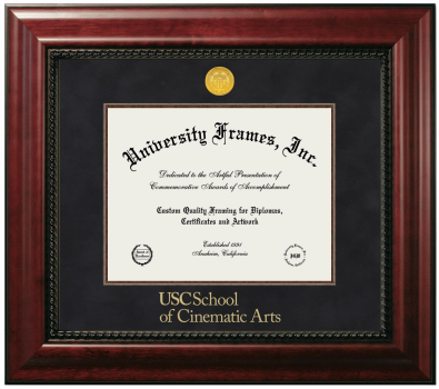 University of Southern California School of Cinematic Arts Diploma Frame in Executive with Mahogany Fillet with Black Suede Mat for DOCUMENT: 8 1/2"H X 11"W  