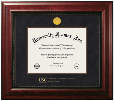 University of Southern California Department of Linguistics Diploma Frame in Executive with Mahogany Fillet with Black Suede Mat for document: 8 1/2"h x 11"w  