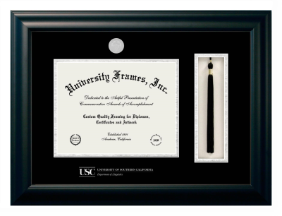 University of Southern California Department of Linguistics Diploma with Tassel Box Frame in Satin Black with Black & Silver Mats for document: 8 1/2"h x 11"w  
