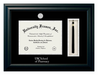 University of Southern California School of Pharmacy Diploma with Tassel Box Frame in Satin Black with Black & Silver Mats for document: 8 1/2"h x 11"w  
