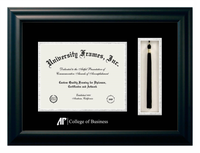 AP College of Business Diploma with Tassel Box Frame in Satin Black with Black & Silver Mats for DOCUMENT: 8 1/2"H X 11"W  