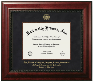 Medical College of Virginia Alumni Association of Virginia Commonwealth University School of Pharmacy Diploma Frame in Executive with Mahogany Fillet with Black Suede Mat for document: 8 1/2"h x 11"w  