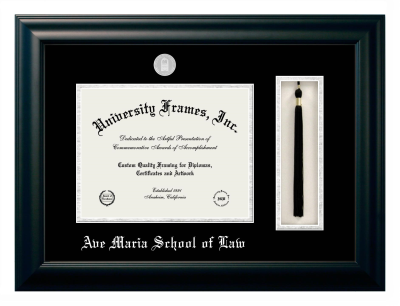 Ave Maria School of Law Diploma with Tassel Box Frame in Satin Black with Black & Silver Mats for DOCUMENT: 8 1/2"H X 11"W  