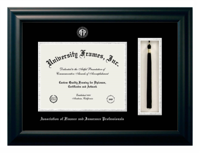 Association of Finance and Insurance Professionals Diploma with Tassel Box Frame in Satin Black with Black & Silver Mats for DOCUMENT: 8 1/2"H X 11"W  
