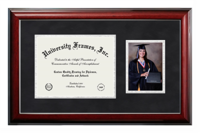 Art Institute of Portland Diploma with 5 x 7 Portrait Frame in Classic Mahogany with Silver Trim with Black Suede & Silver Mats for document: 8 1/2"h x 11"w  