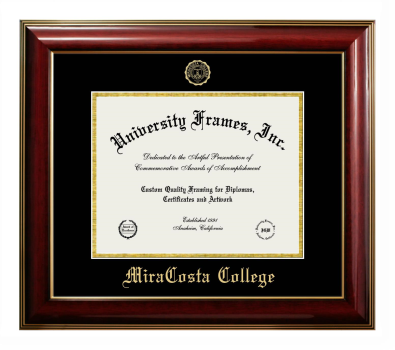 MiraCosta College Diploma Frame in Classic Mahogany with Gold Trim with Black & Gold Mats for DOCUMENT: 8 1/2"H X 11"W  