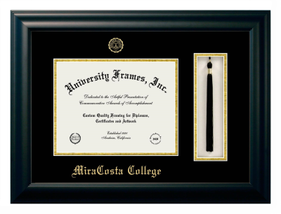 MiraCosta College Diploma with Tassel Box Frame in Satin Black with Black & Gold Mats for document: 8 1/2"h x 11"w  