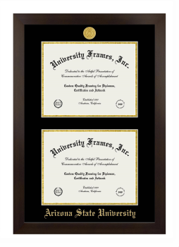 Arizona State University Double Degree (Stacked) Frame in Manhattan Espresso with Black & Gold Mats for DOCUMENT: 8 1/2"H X 11"W  , DOCUMENT: 8 1/2"H X 11"W  