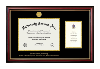 Arizona State University Walter Cronkite School of Journalism and Mass Communication Diploma with Announcement Frame in Petite Mahogany with Gold Trim with Black & Gold Mats for document: 8 1/2"h x 11"w  , diploma: 7"h x 4"w  