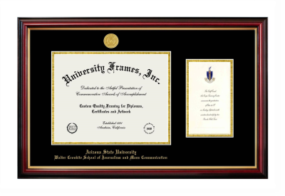 Arizona State University Walter Cronkite School of Journalism and Mass Communication Diploma with Announcement Frame in Petite Mahogany with Gold Trim with Black & Gold Mats for DOCUMENT: 8 1/2"H X 11"W  ,  7"H X 4"W  