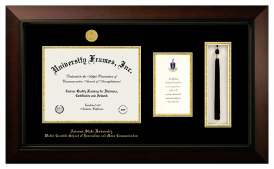 Arizona State University Walter Cronkite School of Journalism and Mass Communication Diploma with Announcement & Tassel Box Frame in Legacy Black Cherry with Black & Gold Mats for DOCUMENT: 8 1/2"H X 11"W  ,  7"H X 4"W  