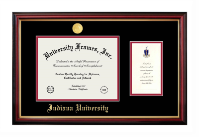 Indiana University Diploma with Announcement Frame in Petite Mahogany with Gold Trim with Black & Crimson Mats for DOCUMENT: 8 1/2"H X 11"W  ,  7"H X 4"W  
