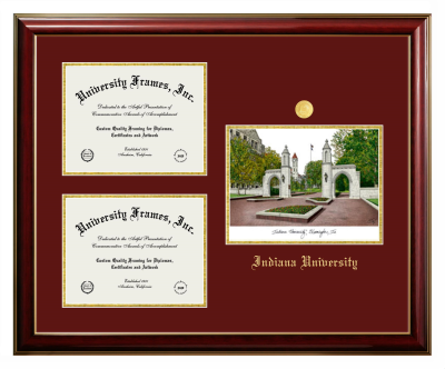 Indiana University Triple Opening with Campus Image Frame in Classic Mahogany with Gold Trim with Black & Gold Mats for DOCUMENT: 8 1/2"H X 11"W  , DOCUMENT: 8 1/2"H X 11"W  