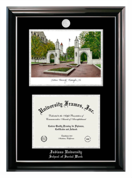 Indiana University School of Social Work Double Opening with Campus Image (Stacked) Frame in Classic Ebony with Silver Trim with Black & Silver Mats for document: 8 1/2"h x 11"w  