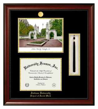 Indiana University School of Social Work Double Opening with Campus Image & Tassel Box (Stacked) Frame in Avalon Mahogany with Black & Gold Mats for document: 8 1/2"h x 11"w  