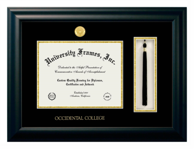 Occidental College Diploma with Tassel Box Frame in Satin Black with Black & Gold Mats for document: 8 1/2"h x 11"w  