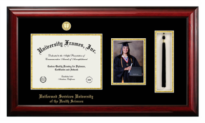 Uniformed Services University of the Health Sciences Diploma with 5 x 7 Portrait & Tassel Box Frame in Classic Mahogany with Black & Gold Mats for DOCUMENT: 8 1/2"H X 11"W  