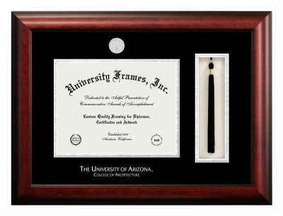 University of Arizona College of Architecture Diploma with Tassel Box Frame in Satin Mahogany with Black & Silver Mats for document: 8 1/2"h x 11"w  