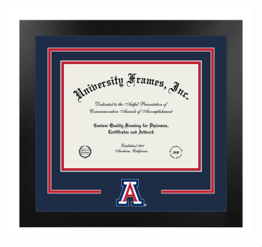 University of Arizona College of Architecture Logo Mat Frame in Manhattan Black with Navy Blue & Red Mats for document: 8 1/2"h x 11"w  