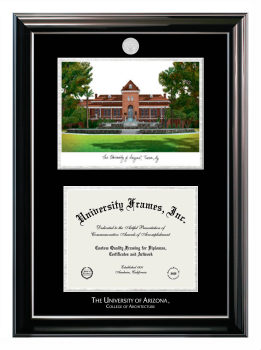University of Arizona College of Architecture Double Opening with Campus Image (Stacked) Frame in Classic Ebony with Silver Trim with Black & Silver Mats for document: 8 1/2"h x 11"w  
