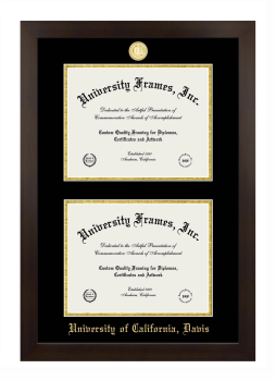 University of California Davis Double Degree (Stacked) Frame in Manhattan Espresso with Black & Gold Mats for DOCUMENT: 8 1/2"H X 11"W  , DOCUMENT: 8 1/2"H X 11"W  