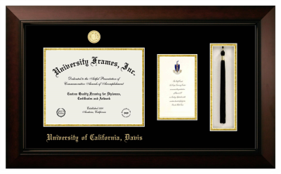University of California Davis Diploma with Announcement & Tassel Box Frame in Legacy Black Cherry with Black & Gold Mats for DOCUMENT: 8 1/2"H X 11"W  ,  7"H X 4"W  