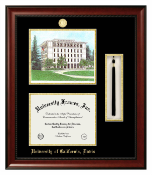 University of California Davis Double Opening with Campus Image & Tassel Box (Stacked) Frame in Avalon Mahogany with Black & Gold Mats for DOCUMENT: 8 1/2"H X 11"W  