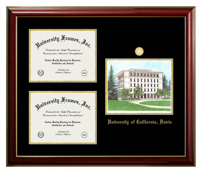 University of California Davis Triple Opening with Campus Image Frame in Classic Mahogany with Gold Trim with Black & Gold Mats for DOCUMENT: 8 1/2"H X 11"W  , DOCUMENT: 8 1/2"H X 11"W  