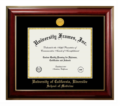 University of California Riverside School of Medicine Diploma Frame in Classic Mahogany with Gold Trim with Black & Gold Mats for document: 8 1/2"h x 11"w  