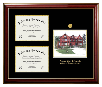 Arizona State University College of Health Solutions Triple Opening with Campus Image Frame in Classic Mahogany with Gold Trim with Black & Gold Mats for DOCUMENT: 8 1/2"H X 11"W  , DOCUMENT: 8 1/2"H X 11"W  