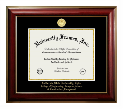 California State University, Chico College of Engineering, Computer Science and Construction Management Diploma Frame in Classic Mahogany with Gold Trim with Black & Gold Mats for DOCUMENT: 8 1/2"H X 11"W  