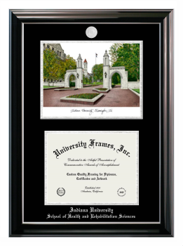 Indiana University School of Health and Rehabilitation Sciences Double Opening with Campus Image (Stacked) Frame in Classic Ebony with Silver Trim with Black & Silver Mats for document: 8 1/2"h x 11"w  