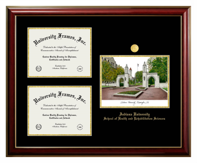 Indiana University School of Health and Rehabilitation Sciences Triple Opening with Campus Image Frame in Classic Mahogany with Gold Trim with Black & Gold Mats for document: 8 1/2"h x 11"w  , document: 8 1/2"h x 11"w  
