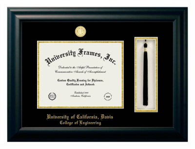 University of California Davis College of Engineering Diploma with Tassel Box Frame in Satin Black with Black & Gold Mats for DOCUMENT: 8 1/2"H X 11"W  