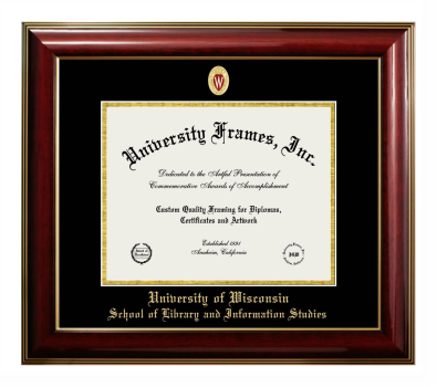 University of Wisconsin (Madison) School of Library and Information Studies Diploma Frame in Classic Mahogany with Gold Trim with Black & Gold Mats for DOCUMENT: 8 1/2"H X 11"W  
