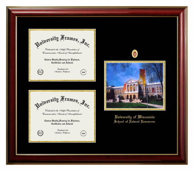 University of Wisconsin (Madison) School of Natural Resources Triple Opening with Campus Image Frame in Classic Mahogany with Gold Trim with Black & Gold Mats for document: 8 1/2"h x 11"w  , document: 8 1/2"h x 11"w  