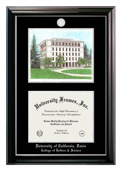 University of California Davis College of Letters & Science Double Opening with Campus Image (Stacked) Frame in Classic Ebony with Silver Trim with Black & Silver Mats for document: 8 1/2"h x 11"w  