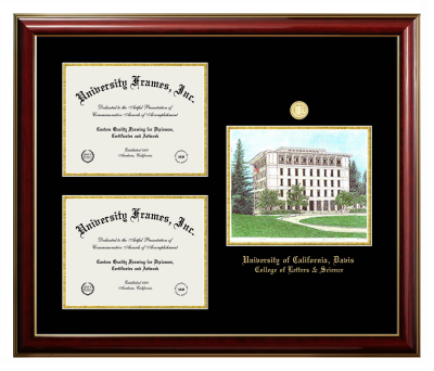 University of California Davis College of Letters & Science Triple Opening with Campus Image Frame in Classic Mahogany with Gold Trim with Black & Gold Mats for document: 8 1/2"h x 11"w  , document: 8 1/2"h x 11"w  