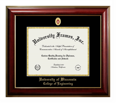 University of Wisconsin (Madison) College of Engineering Diploma Frame in Classic Mahogany with Gold Trim with Black & Gold Mats for DOCUMENT: 8 1/2"H X 11"W  