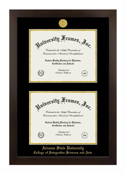 Arizona State University College of Integrative Sciences and Arts Double Degree (Stacked) Frame in Manhattan Espresso with Black & Gold Mats for DOCUMENT: 8 1/2"H X 11"W  , DOCUMENT: 8 1/2"H X 11"W  