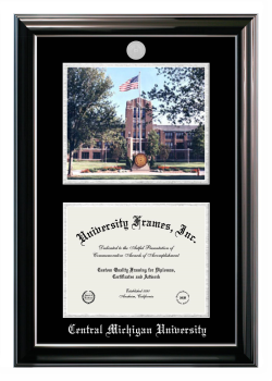 Central Michigan University Double Opening with Campus Image (Stacked) Frame in Classic Ebony with Silver Trim with Black & Silver Mats for DOCUMENT: 8 1/2"H X 11"W  