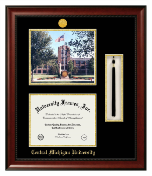 Central Michigan University Double Opening with Campus Image & Tassel Box (Stacked) Frame in Avalon Mahogany with Black & Gold Mats for DOCUMENT: 8 1/2"H X 11"W  