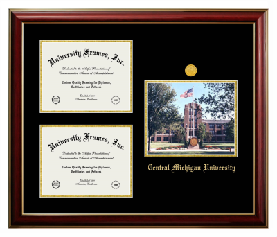 Central Michigan University Triple Opening with Campus Image Frame in Classic Mahogany with Gold Trim with Black & Gold Mats for DOCUMENT: 8 1/2"H X 11"W  , DOCUMENT: 8 1/2"H X 11"W  