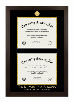 University of Arizona College of Optical Sciences Double Degree (Stacked) Frame in Manhattan Espresso with Black & Gold Mats for document: 8 1/2"h x 11"w  , document: 8 1/2"h x 11"w  